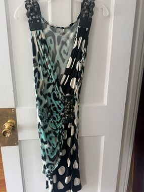 Vintage Black and Mint Asymmetrical Mixed-Print Dress